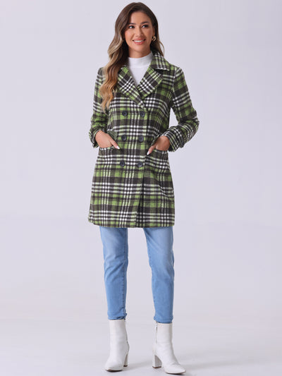 Buffalo Checks Double Breasted Notched Lapel Plaid Trench Pea Coat