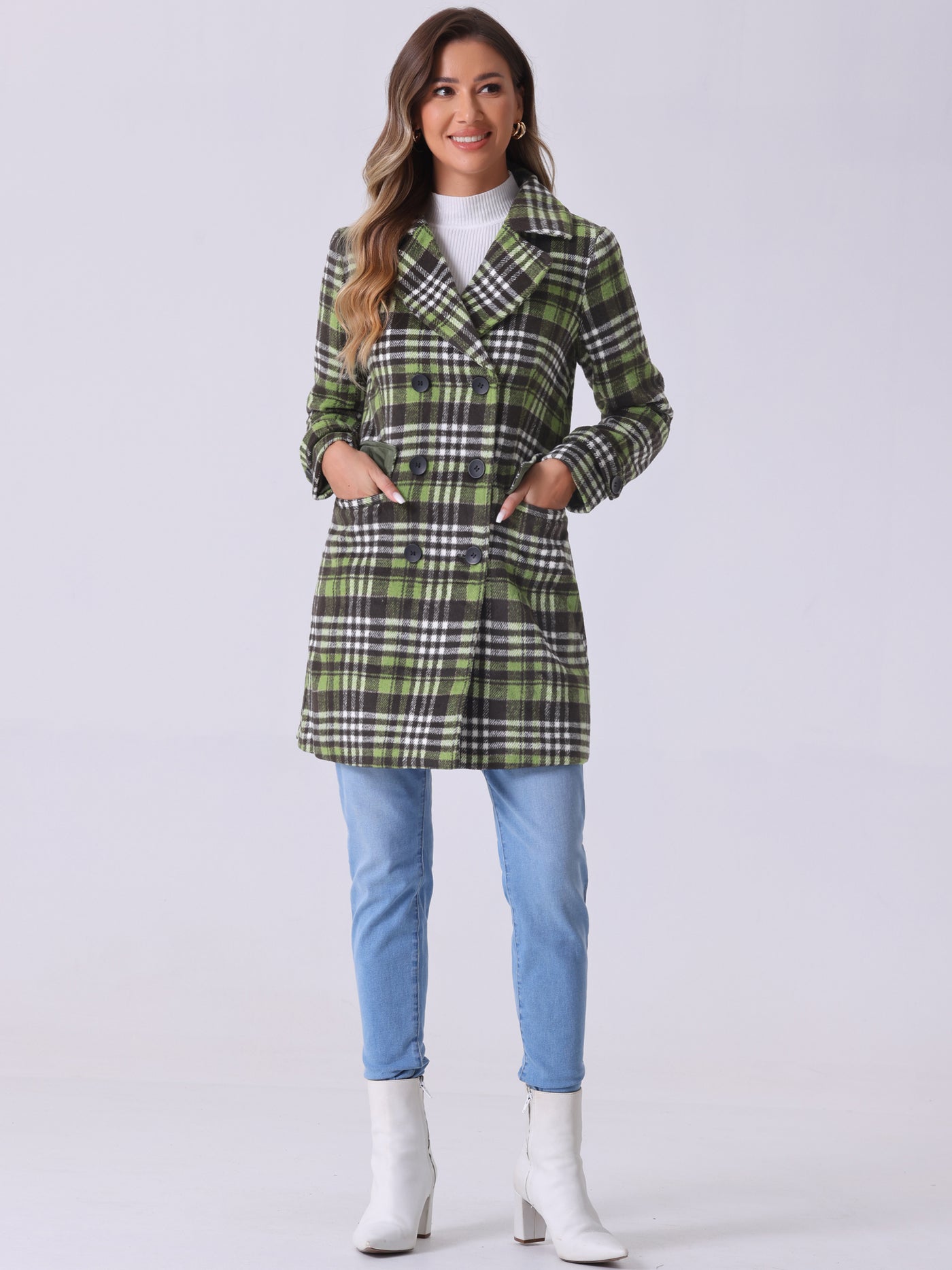 Allegra K Buffalo Checks Double Breasted Notched Lapel Plaid Trench Pea Coat