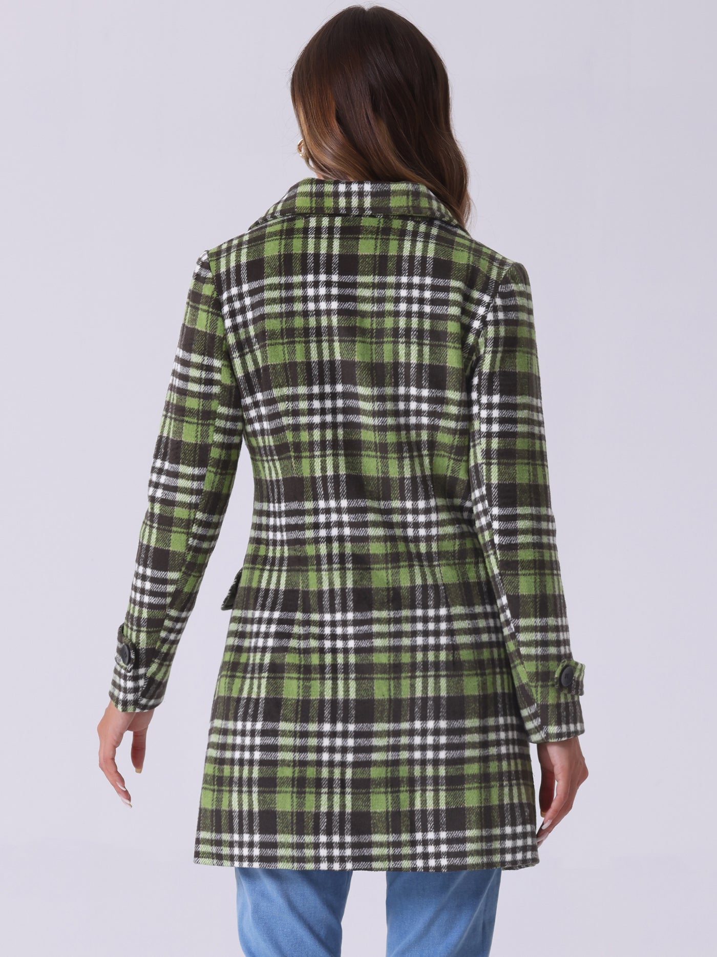 Allegra K Buffalo Checks Double Breasted Notched Lapel Plaid Trench Pea Coat