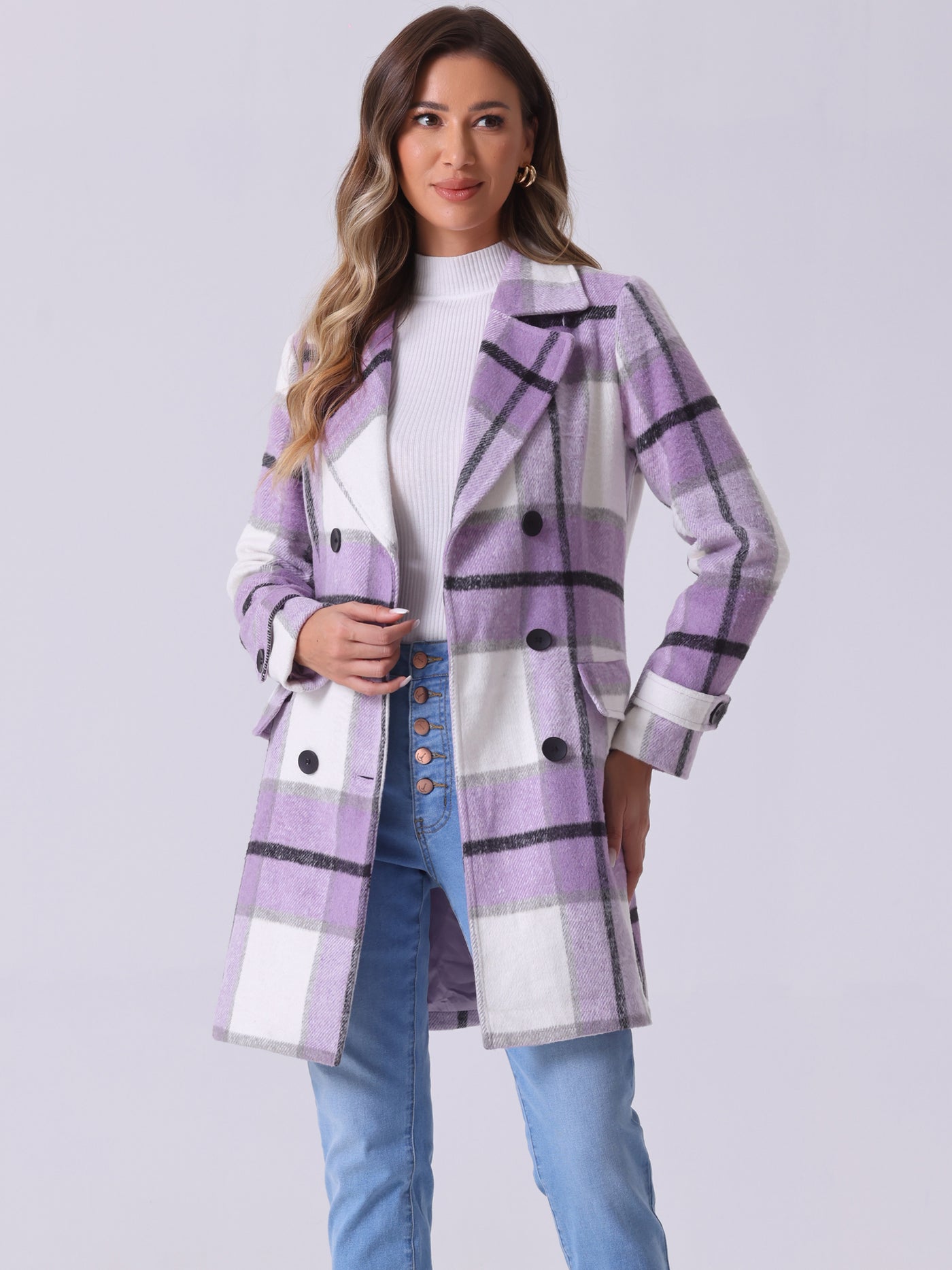 Allegra K Buffalo Checks Double Breasted Notched Lapel Plaid Trench Pea Coat