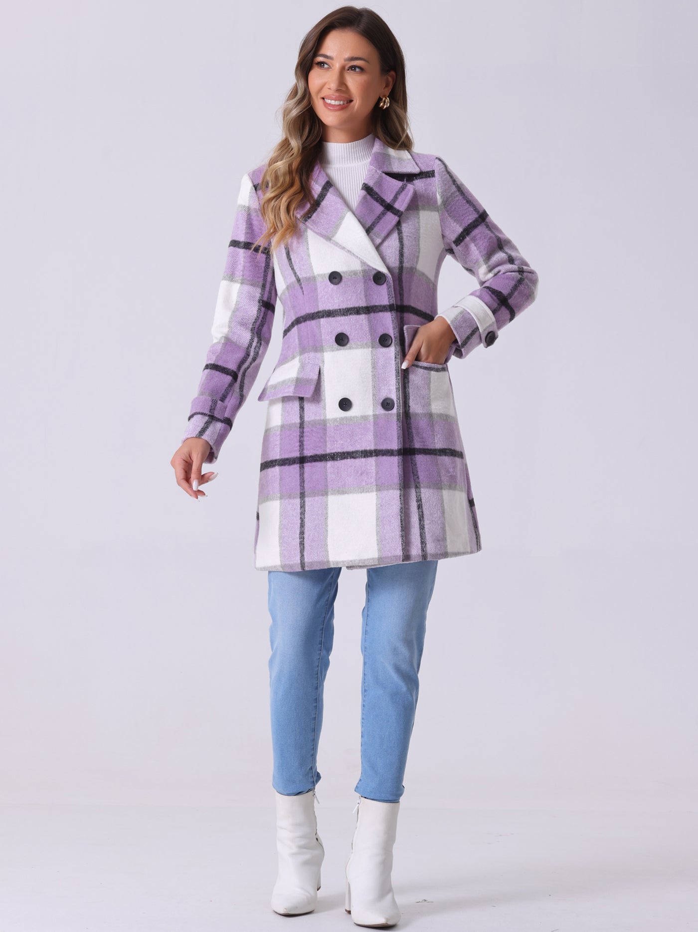 Allegra K Buffalo Checks Double Breasted Notched Lapel Plaid Trench Pea Coat