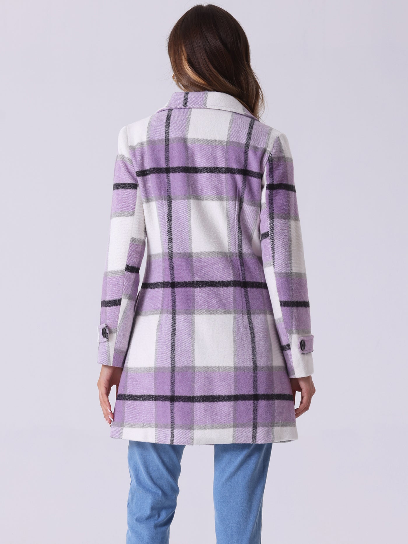 Allegra K Buffalo Checks Double Breasted Notched Lapel Plaid Trench Pea Coat