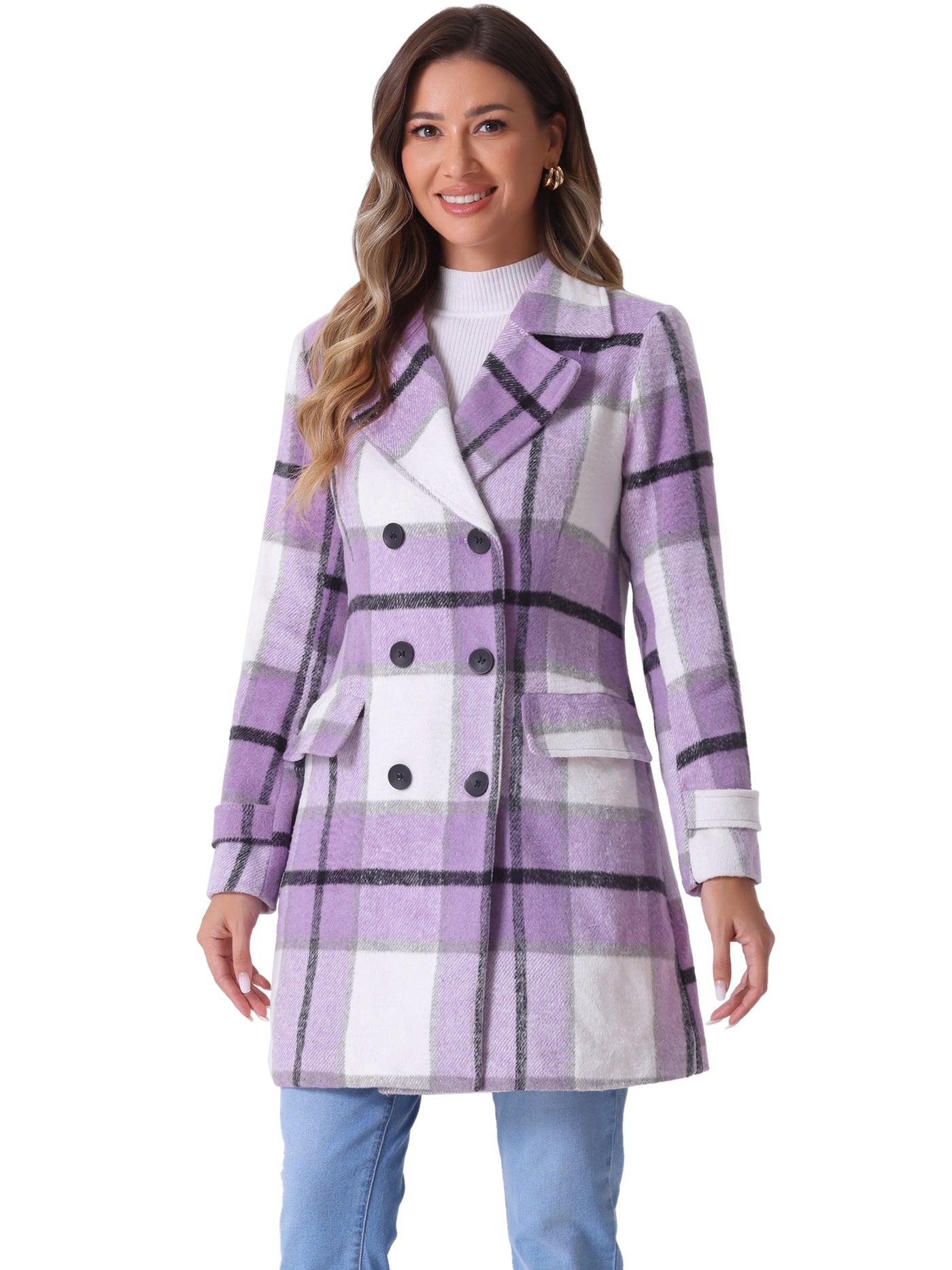 Allegra K Buffalo Checks Double Breasted Notched Lapel Plaid Trench Pea Coat