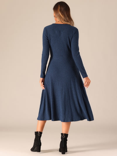 Long Sleeve Pockets A-Line Midi Ribbed Knit Dress