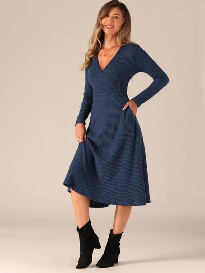 Long Sleeve Pockets A-Line Midi Ribbed Knit Dress