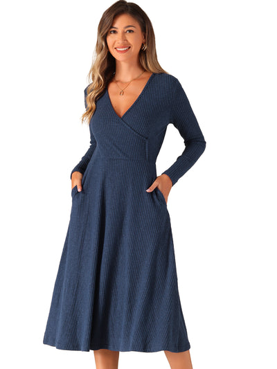 Long Sleeve Pockets A-Line Midi Ribbed Knit Dress