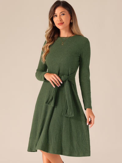 Ribbed Knit Crew Neck Long Sleeve Midi Sweater Dress