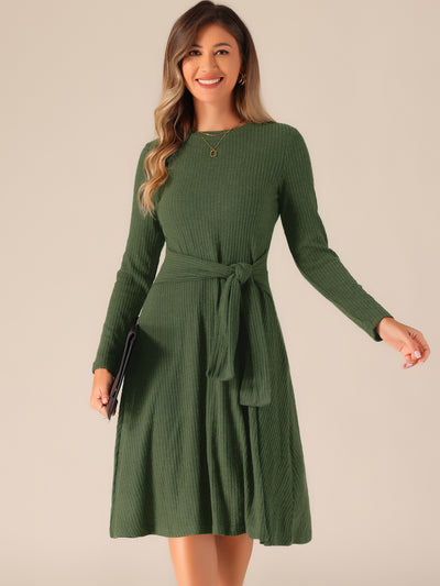 Ribbed Knit Crew Neck Long Sleeve Midi Sweater Dress