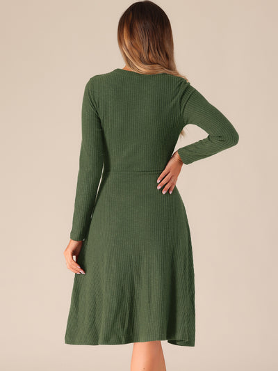 Ribbed Knit Crew Neck Long Sleeve Midi Sweater Dress