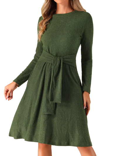 Ribbed Knit Crew Neck Long Sleeve Midi Sweater Dress