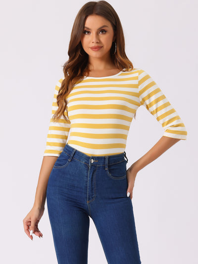 Elbow Sleeve Round Neck Casual Striped T-Shirt