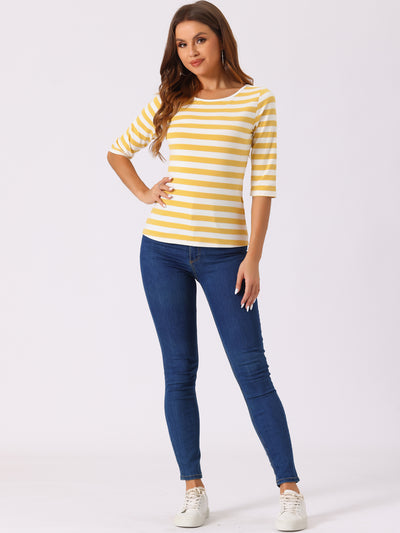 Elbow Sleeve Round Neck Casual Striped T-Shirt