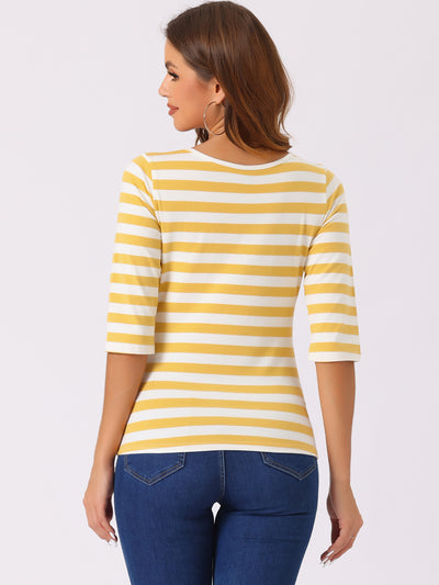 Elbow Sleeve Round Neck Casual Striped T-Shirt