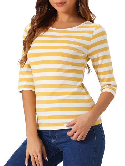 Elbow Sleeve Round Neck Casual Striped T-Shirt