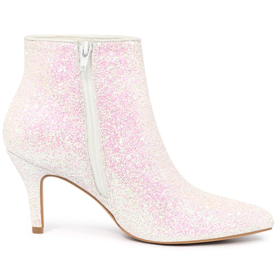 Glitter Pointed Toe Kitten Heel Zipper Ankle Boots