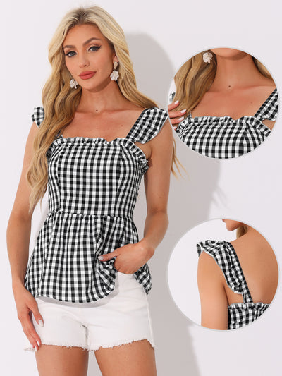 Gingham Peplum Top Summer Square Neck Sleeveless Plaid Blouse