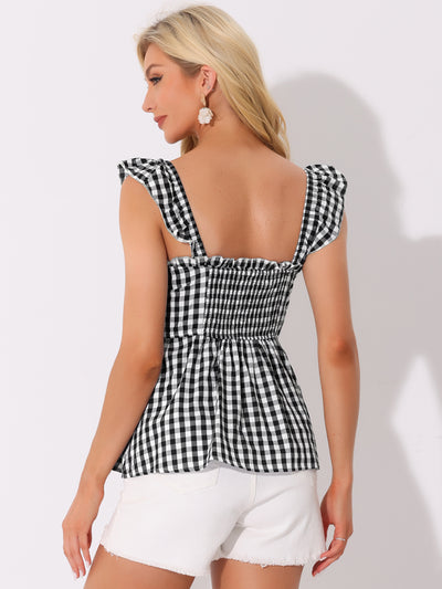 Gingham Peplum Top Summer Square Neck Sleeveless Plaid Blouse