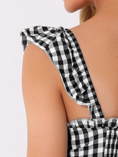 Gingham Peplum Top Summer Square Neck Sleeveless Plaid Blouse