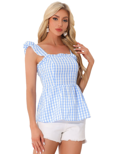 Gingham Peplum Top Summer Square Neck Sleeveless Plaid Blouse