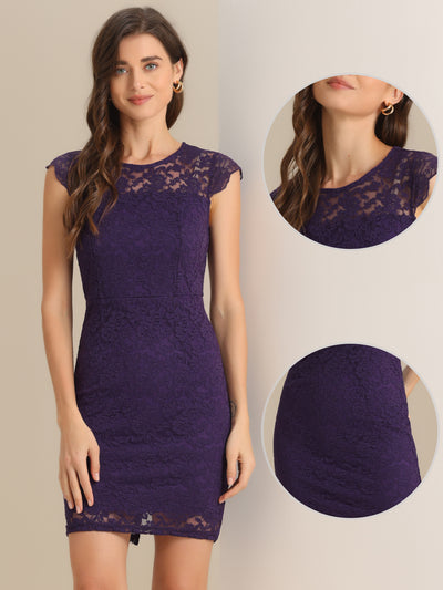 Elegant Stretch Knit Cap Sleeve Allover Floral Lace Bodycon Dress