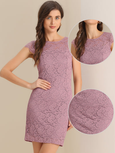 Elegant Stretch Knit Cap Sleeve Allover Floral Lace Bodycon Dress