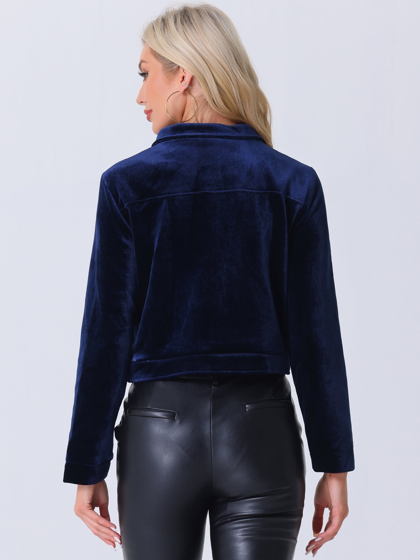 Allegra K Collar Velvet Long Sleeve Zip Up Cropped Casual Jackets