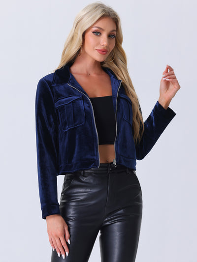 Collar Velvet Long Sleeve Zip Up Cropped Casual Jackets