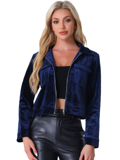 Collar Velvet Long Sleeve Zip Up Cropped Casual Jackets