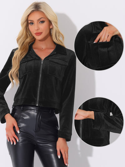 Collar Velvet Long Sleeve Zip Up Cropped Casual Jackets