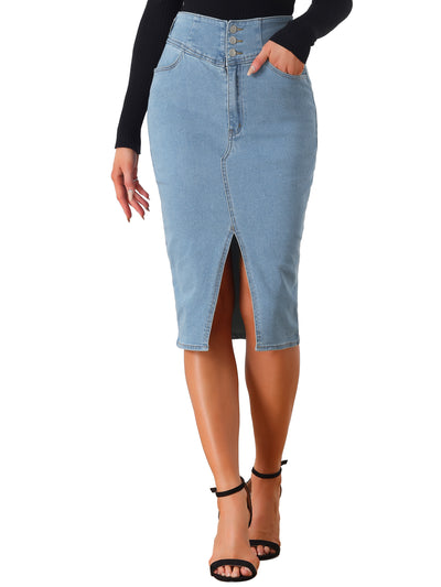 Casual Denim High Waist Split Hem Pencil Jean Midi Skirt