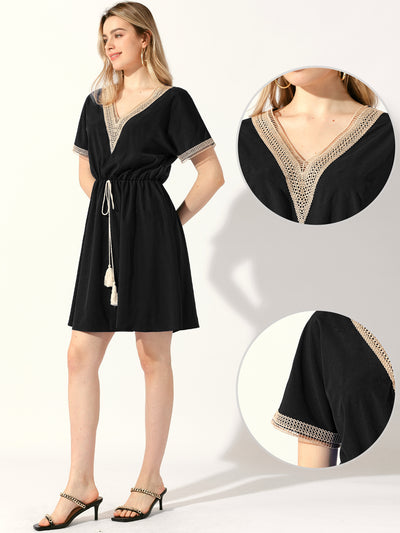 Crochet Trim V Neck Short Sleeve Casual Summer Mini Dress