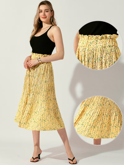 Floral Pleated Ruffled Elastic Waist Pockets A-Line Midi Skirt