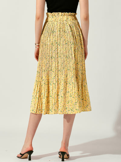 Floral Pleated Ruffled Elastic Waist Pockets A-Line Midi Skirt