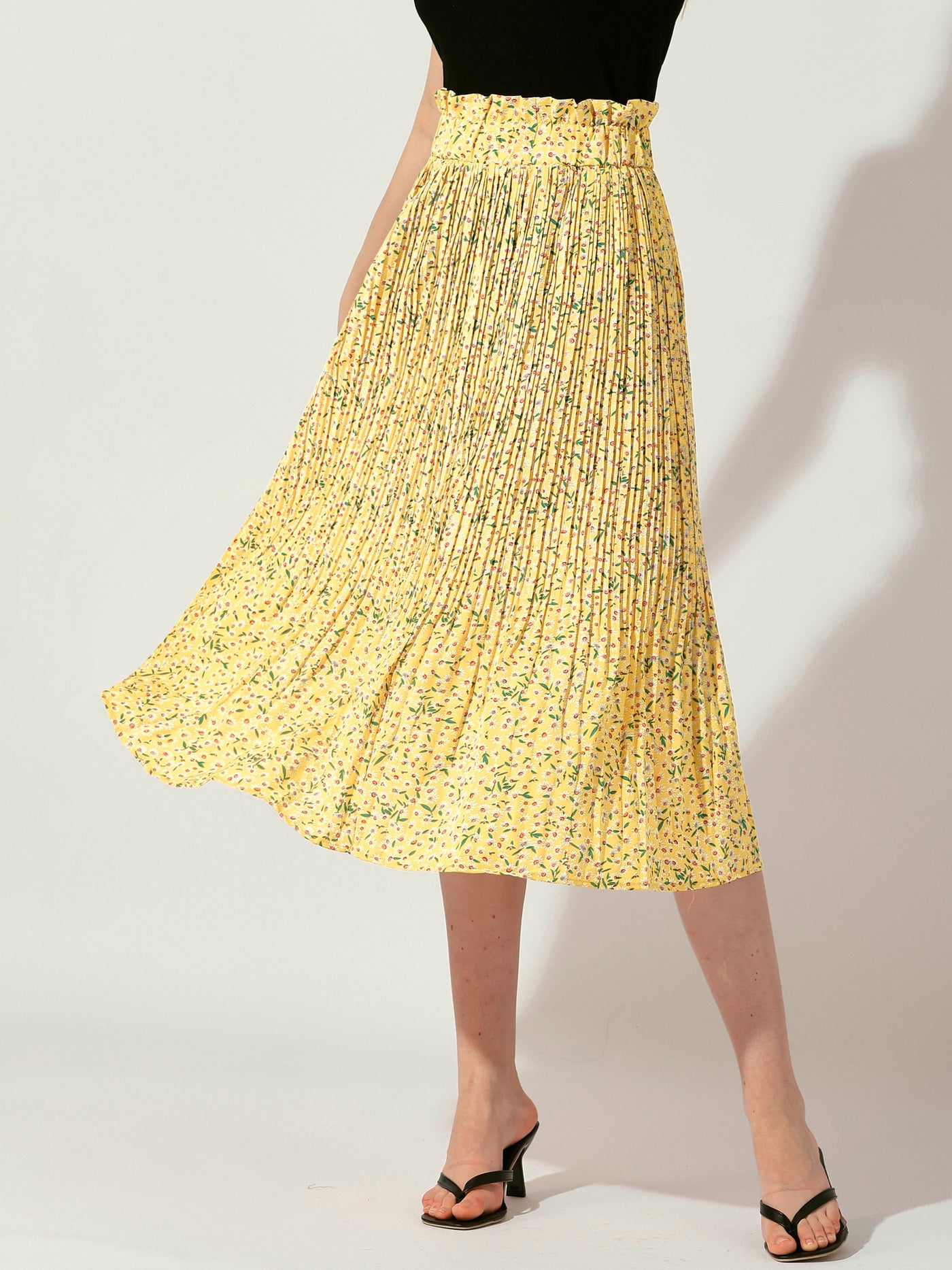 Allegra K Floral Pleated Ruffled Elastic Waist Pockets A-Line Midi Skirt