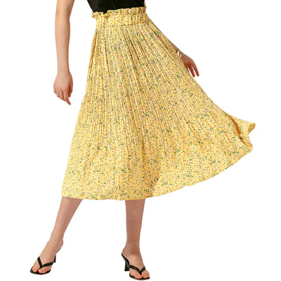 Floral Pleated Ruffled Elastic Waist Pockets A-Line Midi Skirt