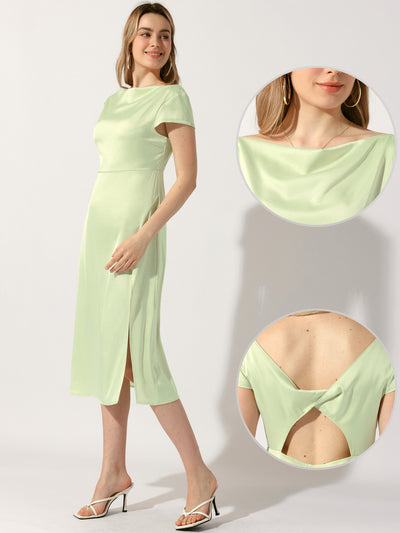 Cowl Neck Cap Sleeve Twist Cut-Out Backless Slit Midi Satin Dress