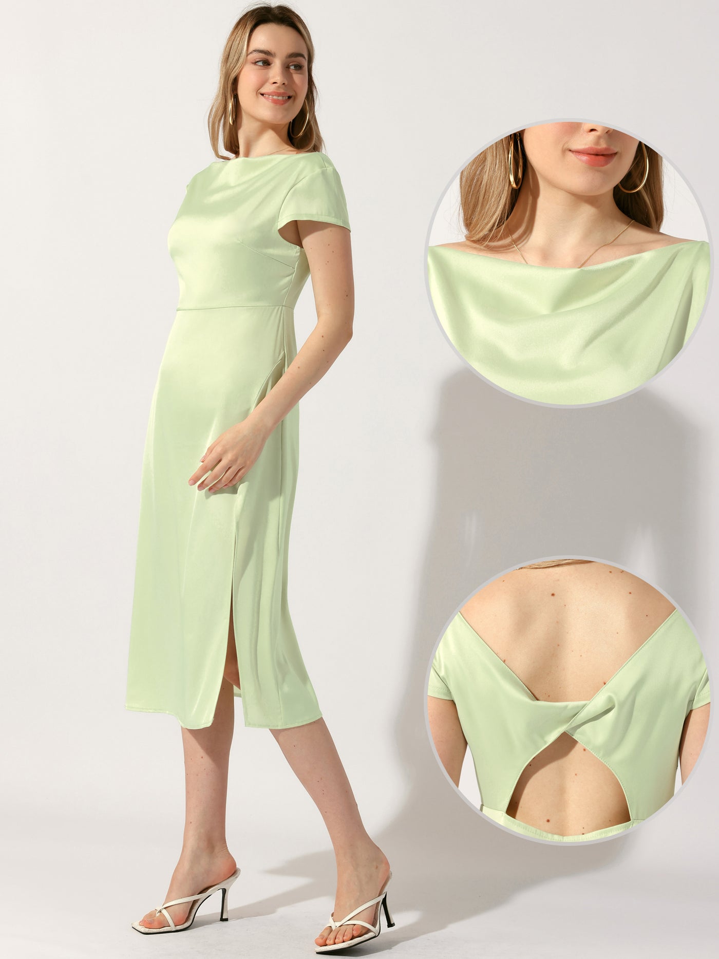 Allegra K Cowl Neck Cap Sleeve Twist Cut-Out Backless Slit Midi Satin Dress