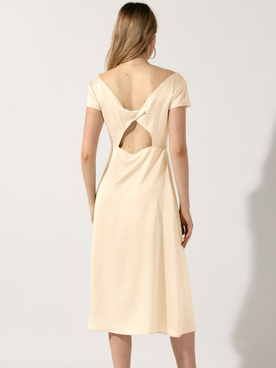 Cowl Neck Cap Sleeve Twist Cut-Out Backless Slit Midi Satin Dress