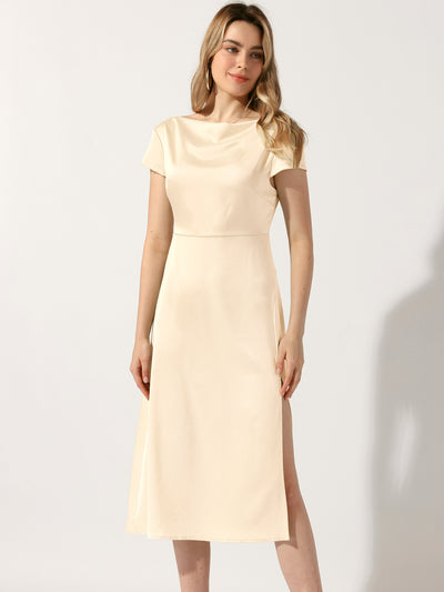 Cowl Neck Cap Sleeve Twist Cut-Out Backless Slit Midi Satin Dress