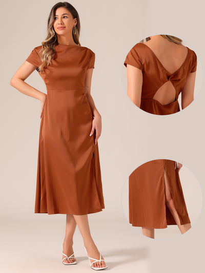 Cowl Neck Cap Sleeve Twist Cut-Out Backless Slit Midi Satin Dress