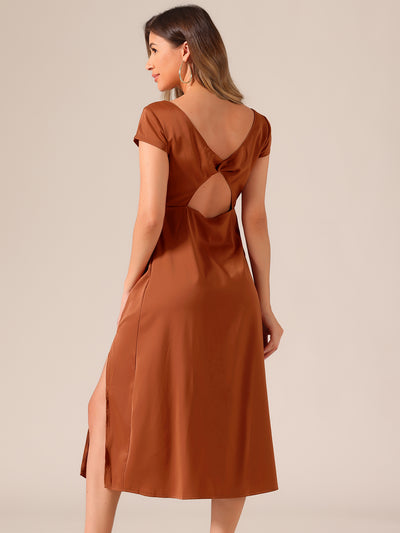 Cowl Neck Cap Sleeve Twist Cut-Out Backless Slit Midi Satin Dress