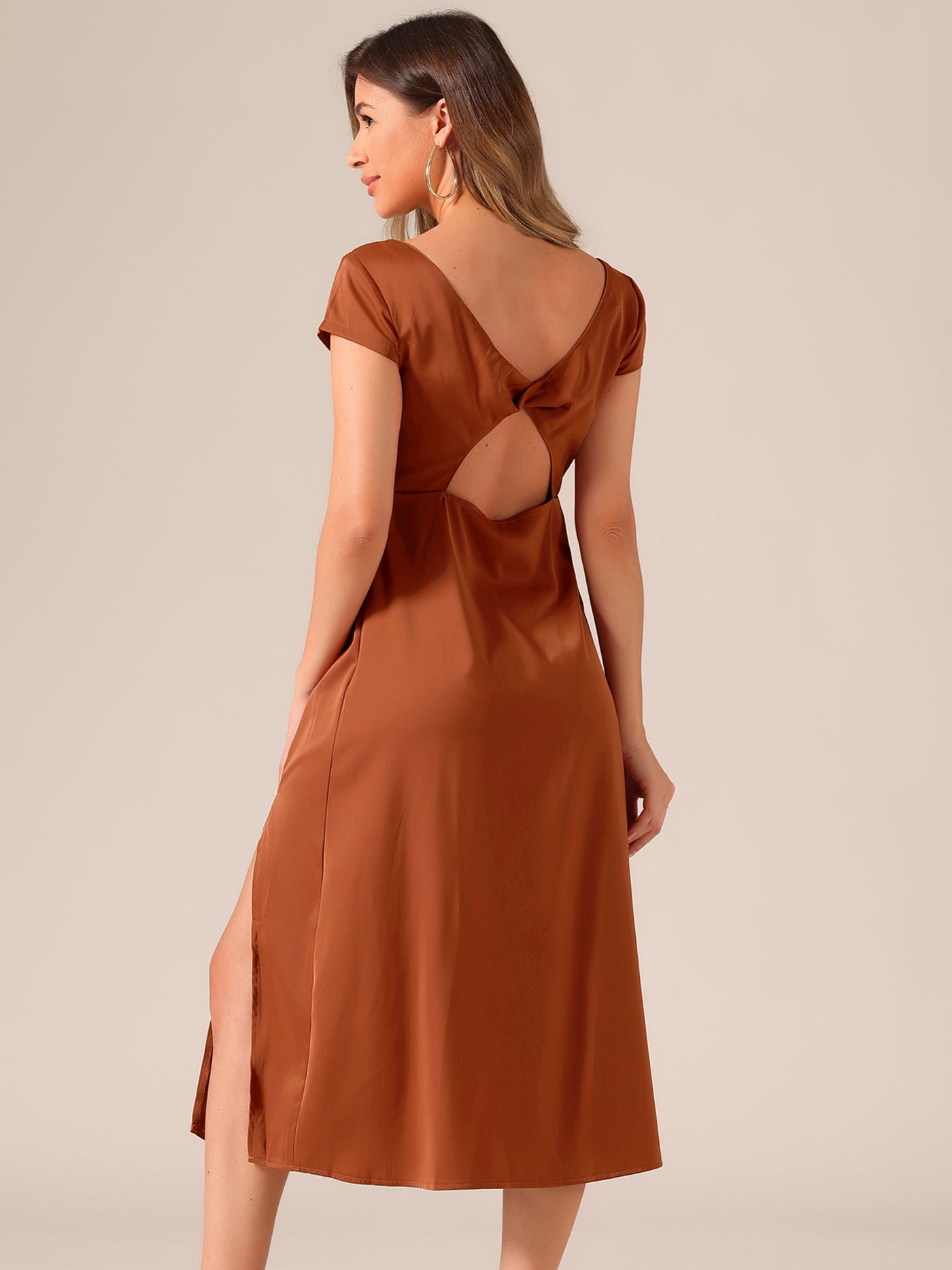 Allegra K Cowl Neck Cap Sleeve Twist Cut-Out Backless Slit Midi Satin Dress