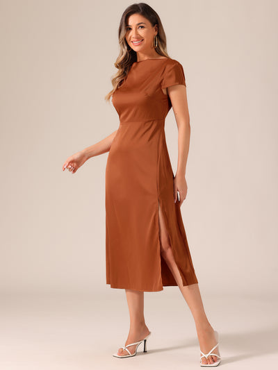 Cowl Neck Cap Sleeve Twist Cut-Out Backless Slit Midi Satin Dress