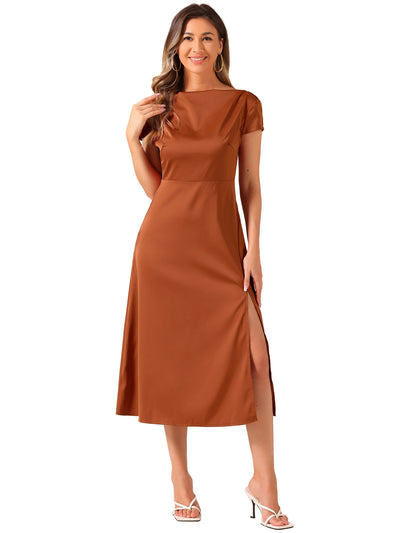 Cowl Neck Cap Sleeve Twist Cut-Out Backless Slit Midi Satin Dress