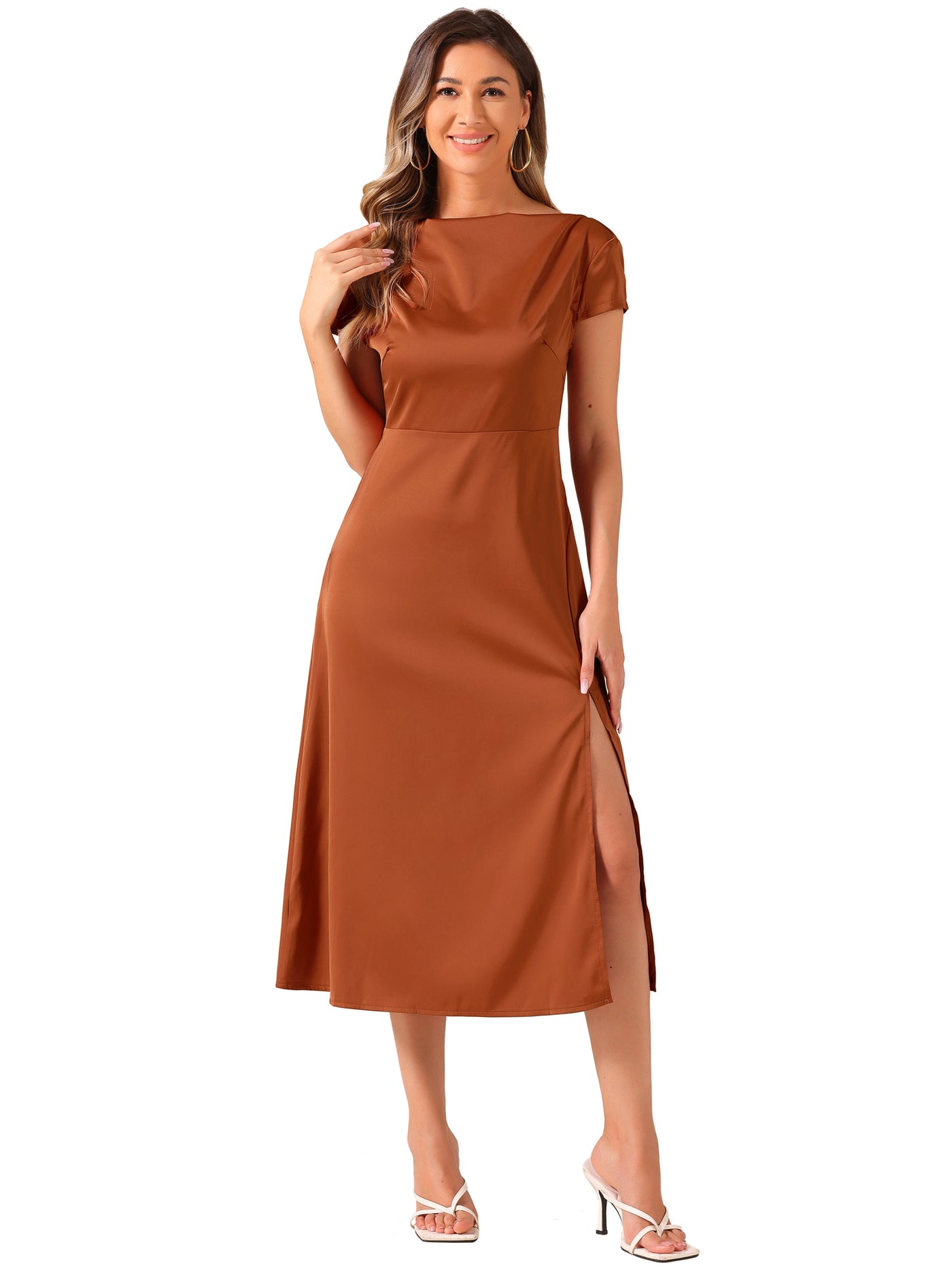 Allegra K Cowl Neck Cap Sleeve Twist Cut-Out Backless Slit Midi Satin Dress