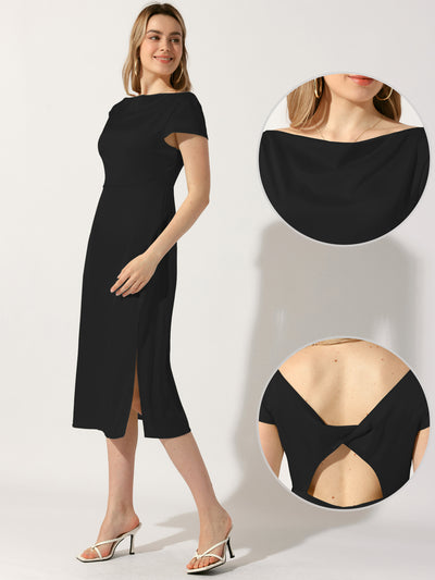 Cowl Neck Cap Sleeve Twist Cut-Out Backless Slit Midi Satin Dress