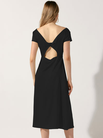 Cowl Neck Cap Sleeve Twist Cut-Out Backless Slit Midi Satin Dress