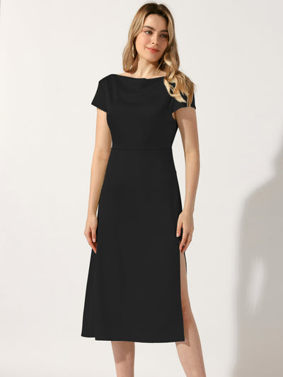 Cowl Neck Cap Sleeve Twist Cut-Out Backless Slit Midi Satin Dress