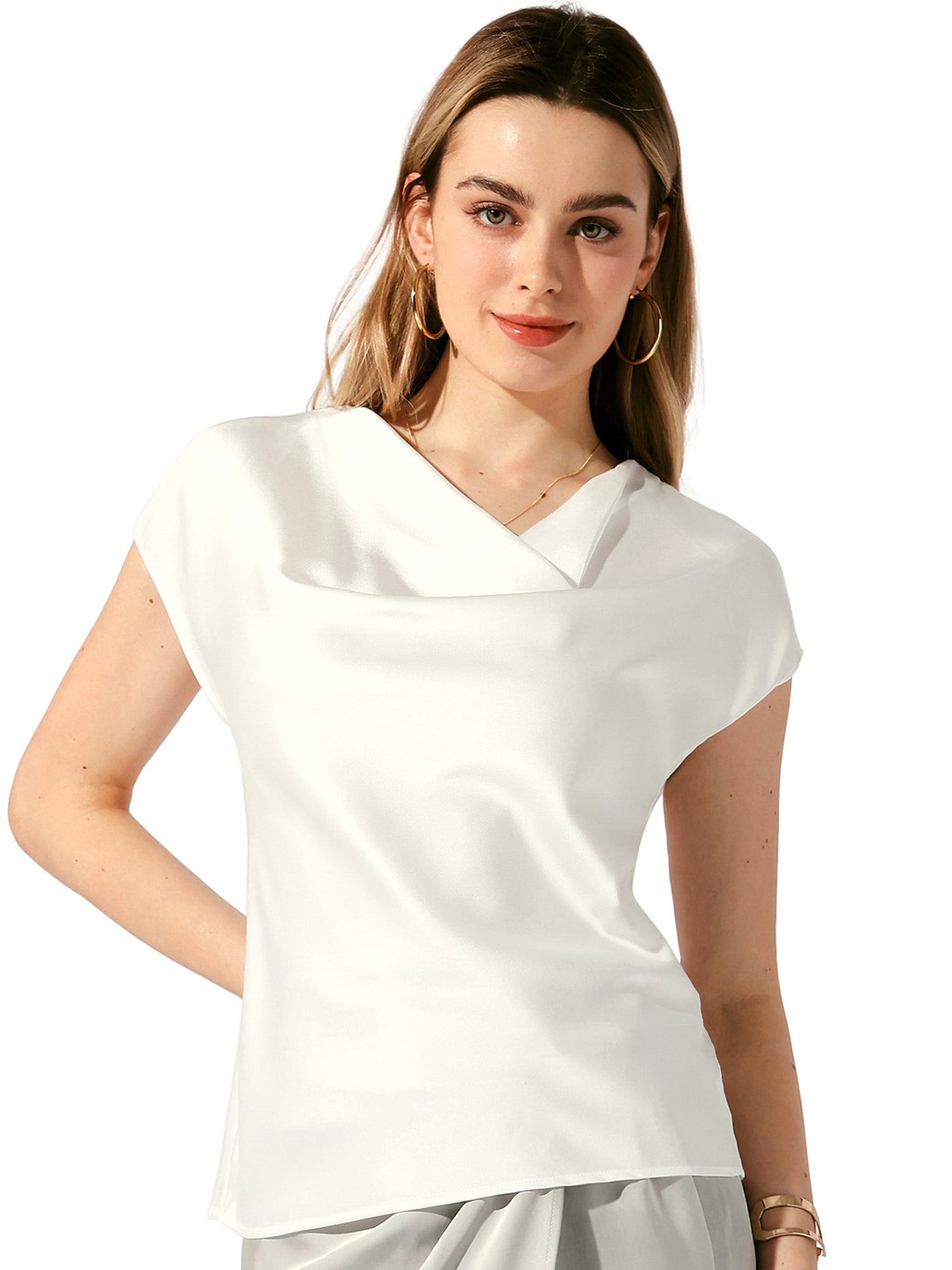 Allegra K Satin Cowl Neck Short Sleeve Dressy Casual Blouse