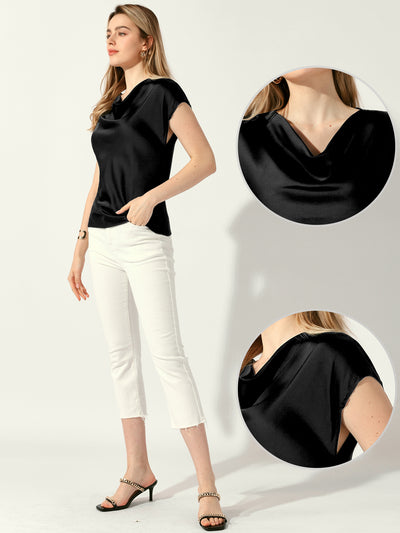 Satin Cowl Neck Short Sleeve Dressy Casual Blouse